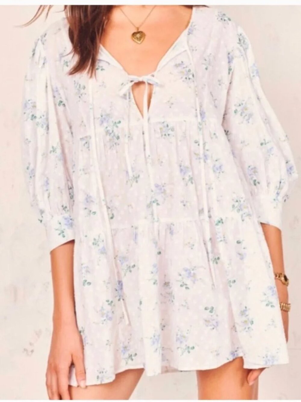 Womens LoveShackFancy Bec White Blue (Item-20) Floral Dot Babydoll Mini Dress XS